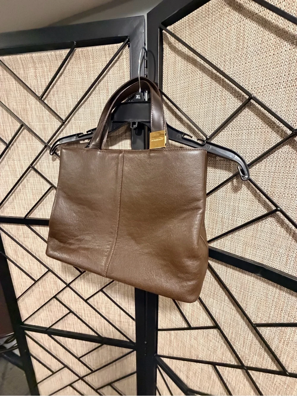 Burberry Chocolate Brown Leather Checkered Handbag Tote w/ Gold Accent